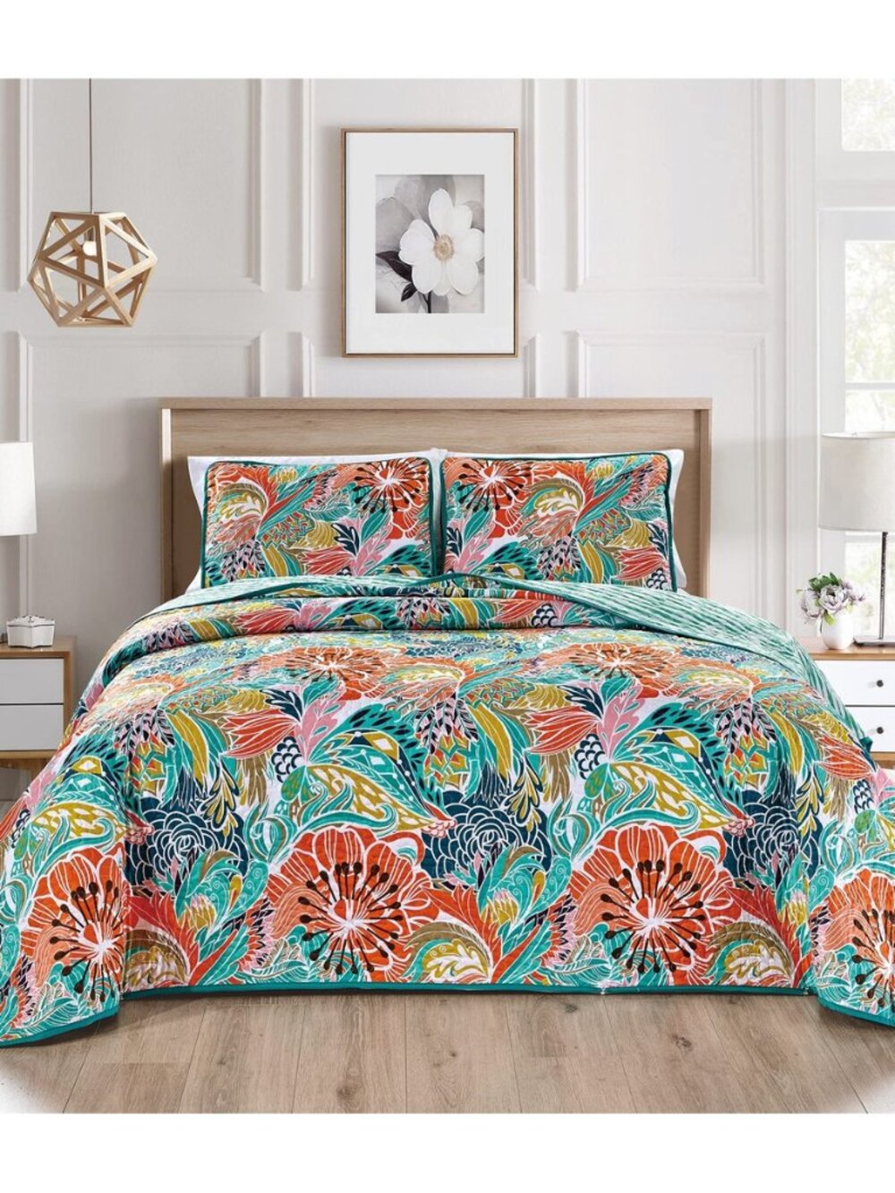 3-Piece Quilt Set, Full Size, Turquoise Blue Orange
